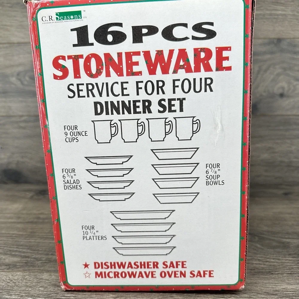 CR Seasons 16 Pcs Christmas Tree Stoneware Dinner Set Dishes Bowls Cups Platters